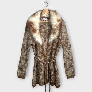 Oona & Maud Belted Cardigan XL Removable Faux Fur Trim Brown *SEE NOTES*